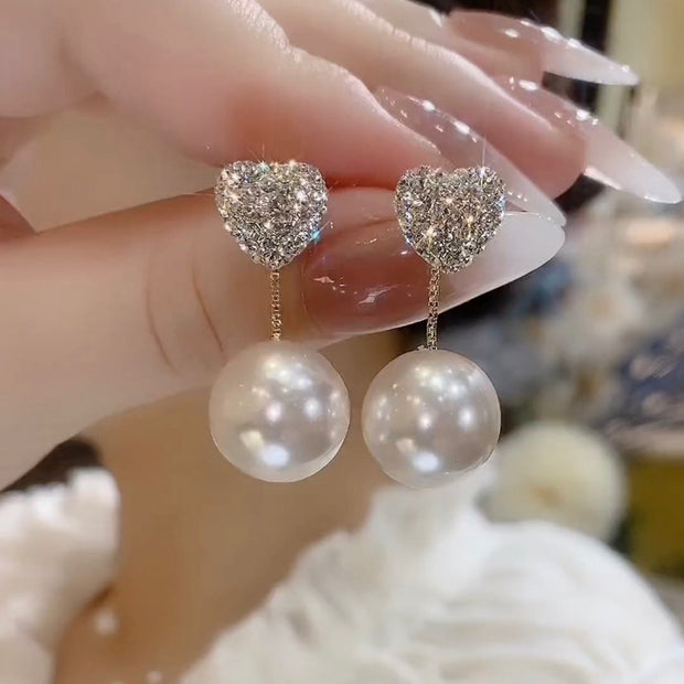 Pearl Heart Diamond Drop Earrings