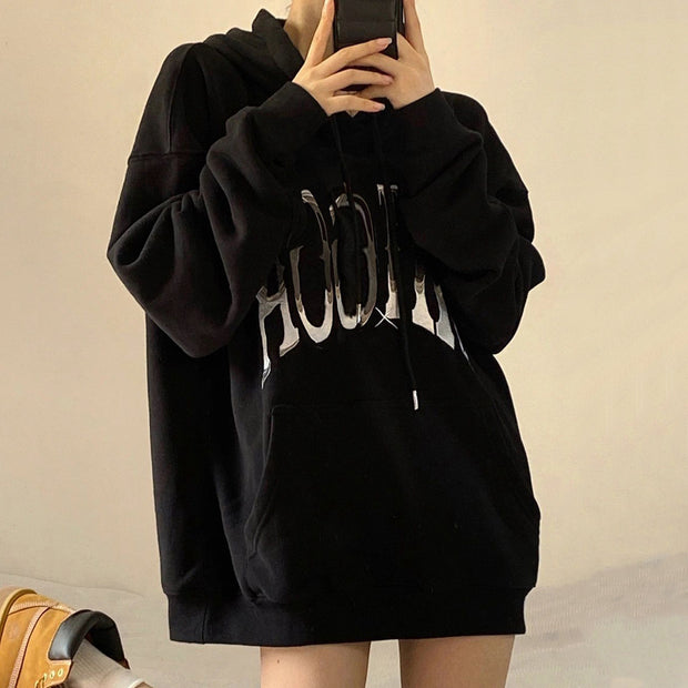 Hooded loose print long sleeve black sweatshirt