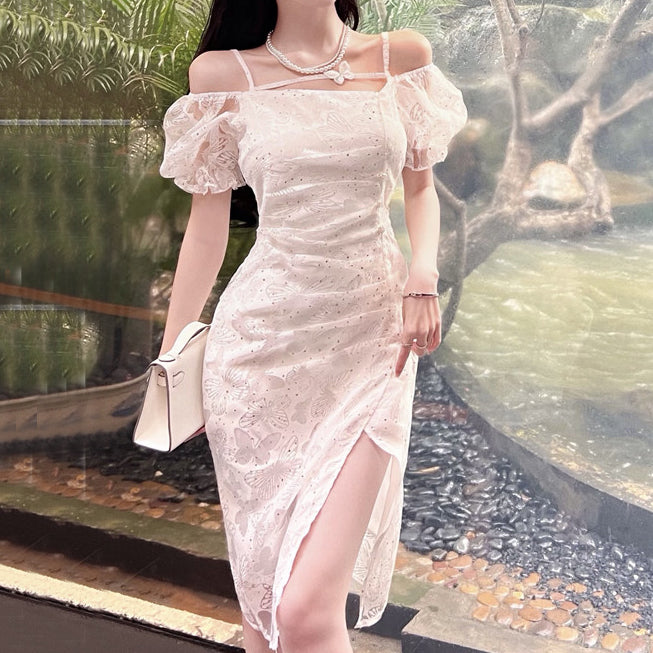 Puff Sleeve Butterfly White Slit Slim Cocktail Dress