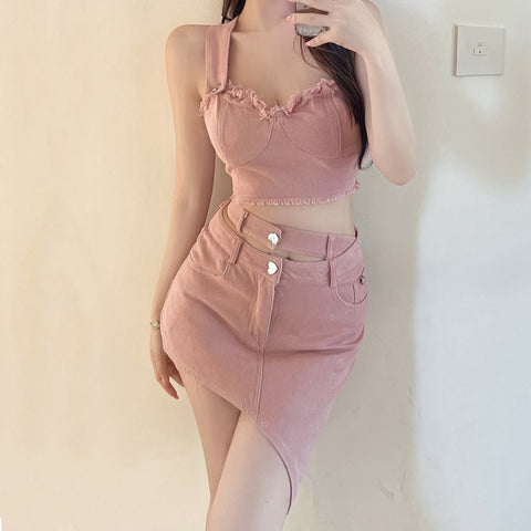 One-Shoulder Camisole Irregular High-Waist Skirt Set
