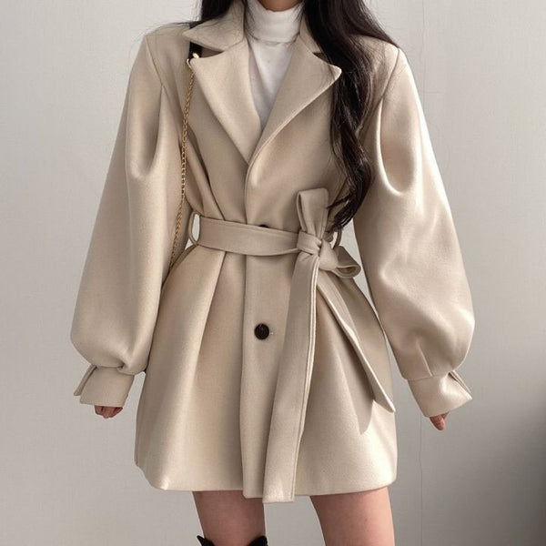 Warm Woolen Coat With Lantern Sleeves And Belt
