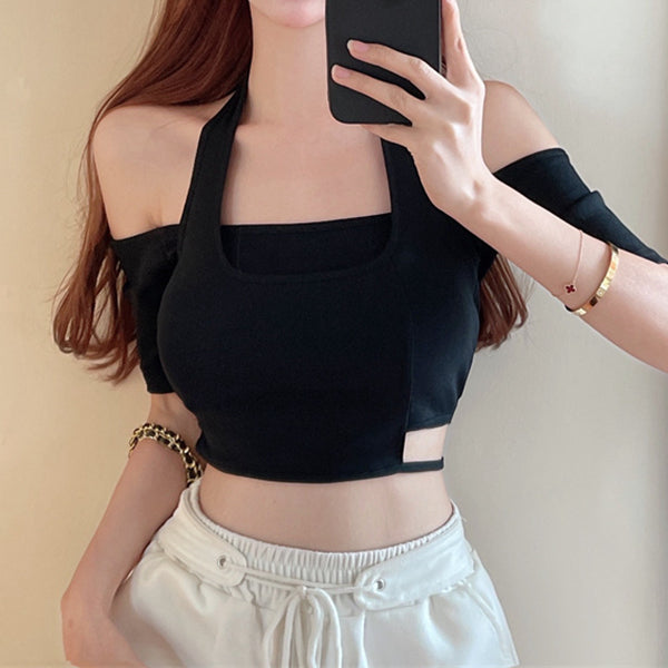 Short Sleeve Fake Two Piece Halter T-Shirt Top