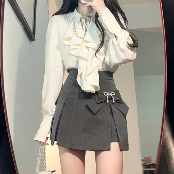 Chain Long Sleeve Shirt Bowknot Skirt Set – DRESSVY