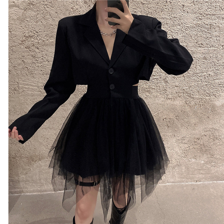 Black Suit Collar Long Sleeve Stitching Mesh Cocktail Dress