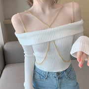Off-shoulder chain stretch fit knit sweater top