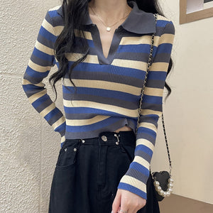 Striped Lapel Long Sleeve T-Shirt Knit Top
