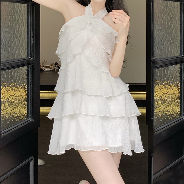 White simple ruffle pleated cake halter prom dress