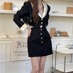 Single Breasted Lapel Blazer Top Black Skirt Set