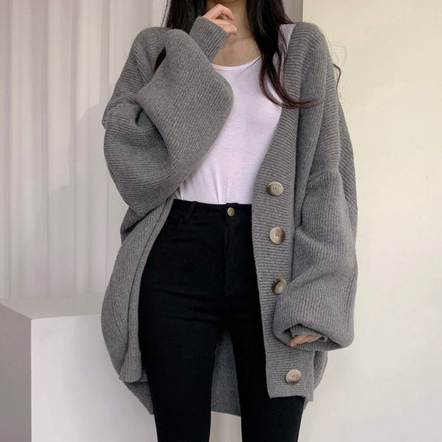 Balloon sleeve single breasted v-neck knit cardigan winter clothes