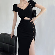 Black hollow v-neck short sleeve slit long dress