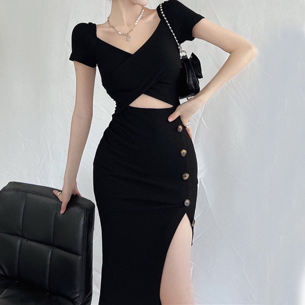 Black hollow v-neck short sleeve slit long dress