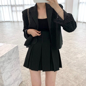 Long Sleeve Striped Blazer Top Pleated Skirt Set