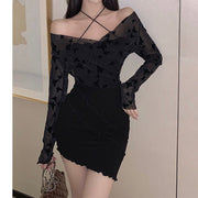 Two-piece black tulle suspender long sleeve dress