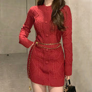 Braided Single-Breasted Crewneck Knitted Dress
