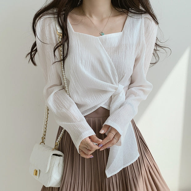 Square neck chiffon clavicle cropped shirt