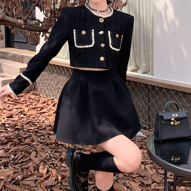 Short black coat top high waist pleated skirt set