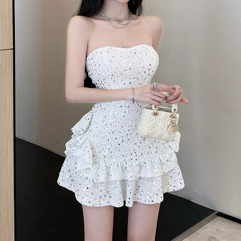 White Double Hem Sequined Bandeau Dress