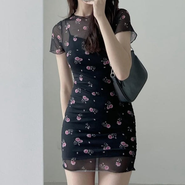 Short Sleeve Mesh Floral Black Dress