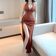 Low-cut v-neck lace-up open back slit dress