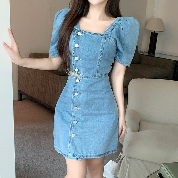 Off-waist square neck button puff sleeve denim dress