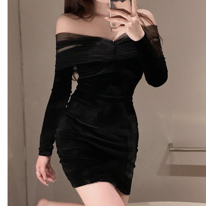 Black Velvet V-Neck Off-The-Shoulder Short Dress