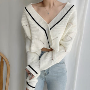 Ripped Single Breasted V-Neck Cropped Knit Cardigan