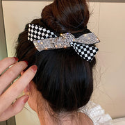 Bow-knot plaid square rhinestone hair tie