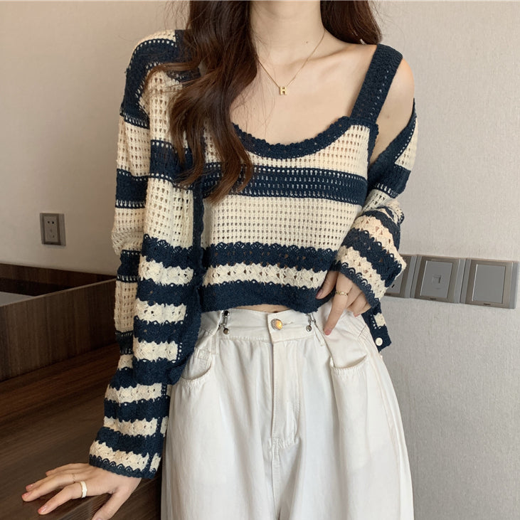 Striped Knit Tank Top Long Sleeve Cardigan Set DRESSVY