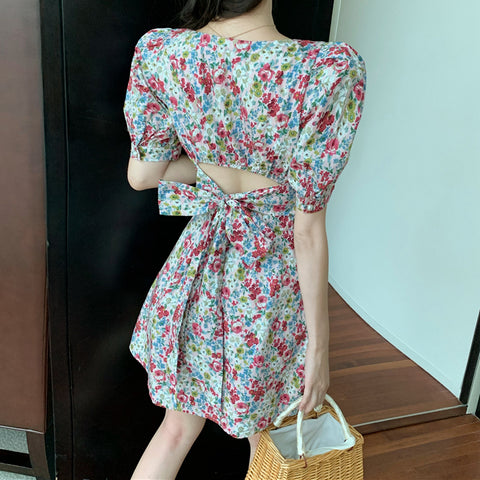 Floral Puff Sleeve Square Neck Backless Dress