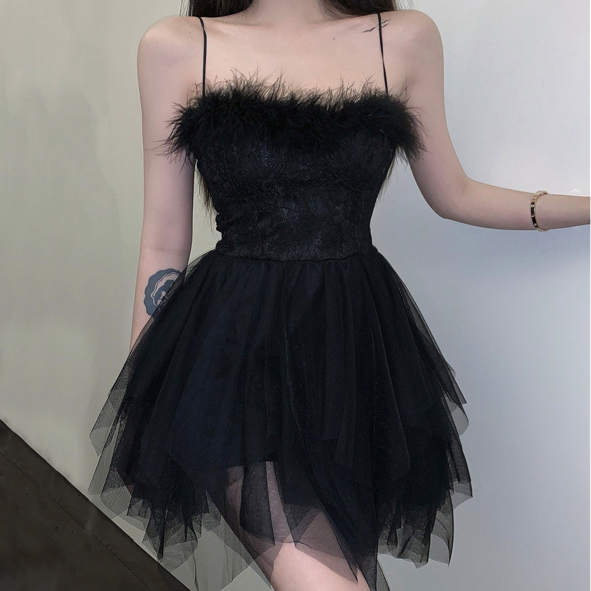 Lace Irregular Mesh Black Slim Cami Dress