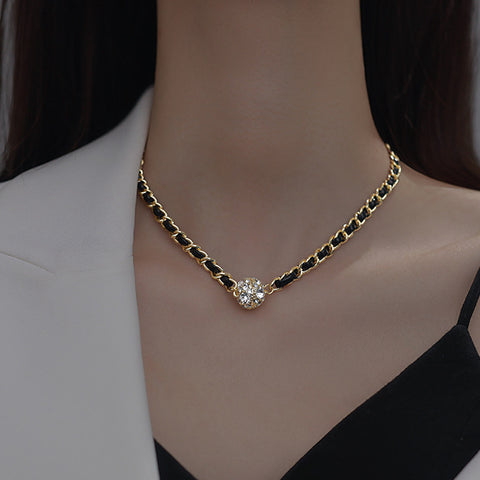 Vintage Leather Wrap Chain Diamond Necklace