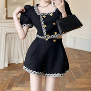 Double breasted tweed top high waist shorts set