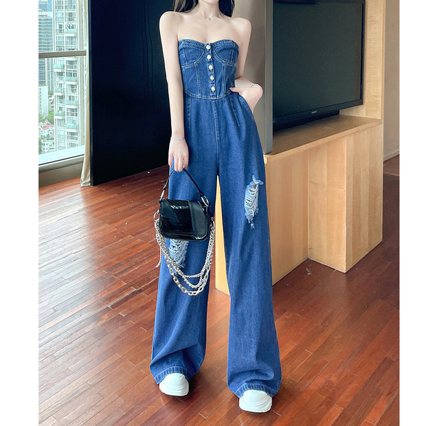 Buttons ripped wide leg denim bandeau jumpsuit