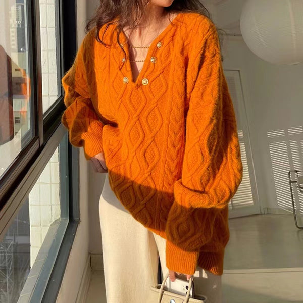 Twist V-Neck Loose Long-Sleeve Knitted Sweater