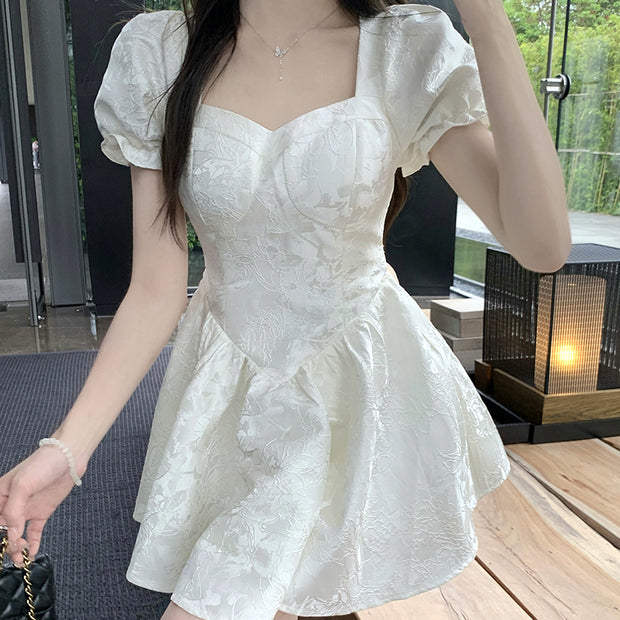 Puff sleeve jacquard slim fit short puff dress