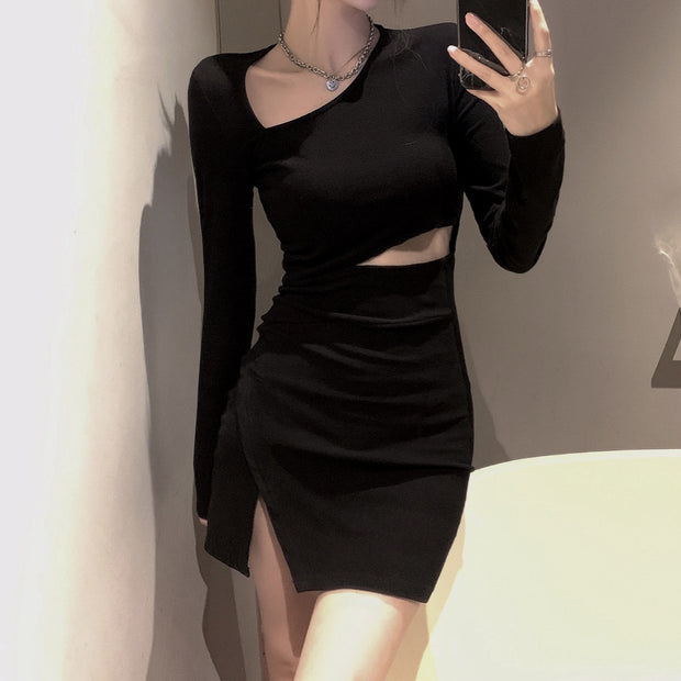 Long sleeve slim temperament black short dress