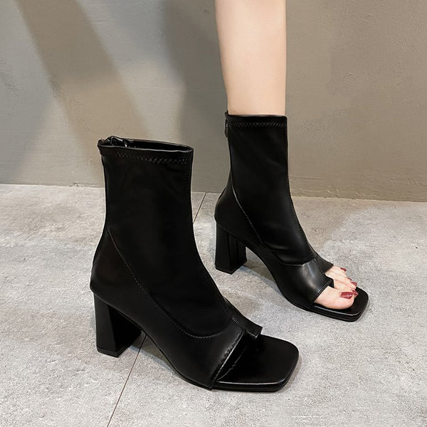 Sexy Thick High-Heeled Square Toe Open Toed Sandals Black Skinny Short Boots