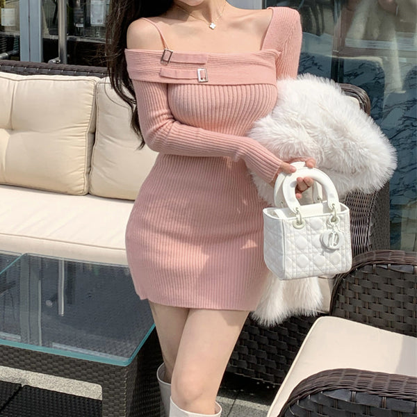 Pink Off Shoulder Sweater Knit Dress