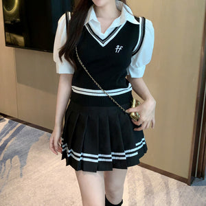 Polo Collar Top T-Shirt Striped Pleated Skirt