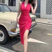 Vintage halter neck v-neck sleeveless dress