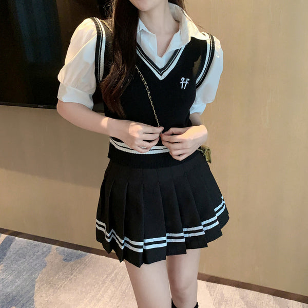 Polo Collar Top T-Shirt Striped Pleated Skirt