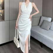 Vintage halter neck v-neck sleeveless dress