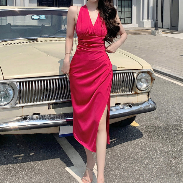 Vintage halter neck v-neck sleeveless dress