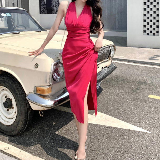 Vintage halter neck v-neck sleeveless dress