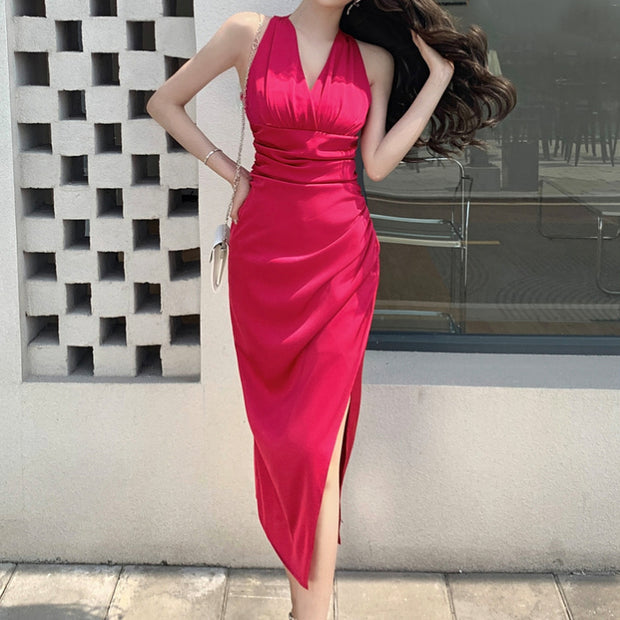 Vintage halter neck v-neck sleeveless dress
