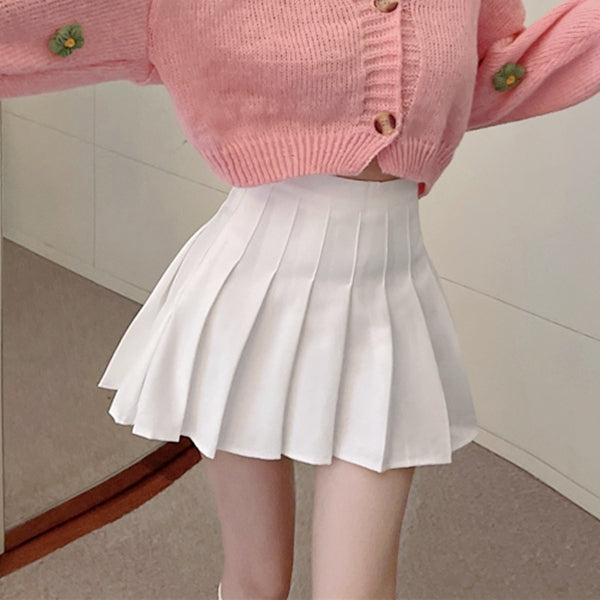 Flower V-Neck Sweater Cardigan White Pleated Skirt Set