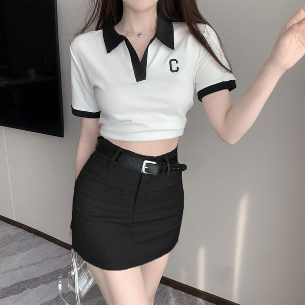 Polo Collar T-Shirt High Waist Skirt Set