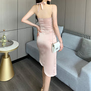 Pink Rose Off-Shoulder Satin Halter Neck Fitted Dress