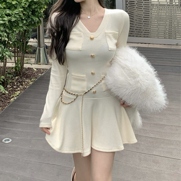 V-Neck Solid Single-Breasted Bodycon Knit Dress