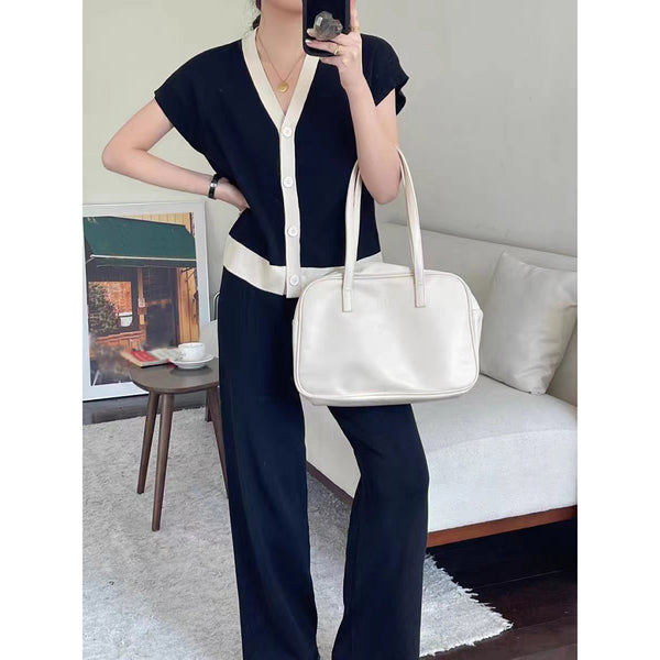 V-Neck Knitted Top Wide-Leg Pants Knitted Set